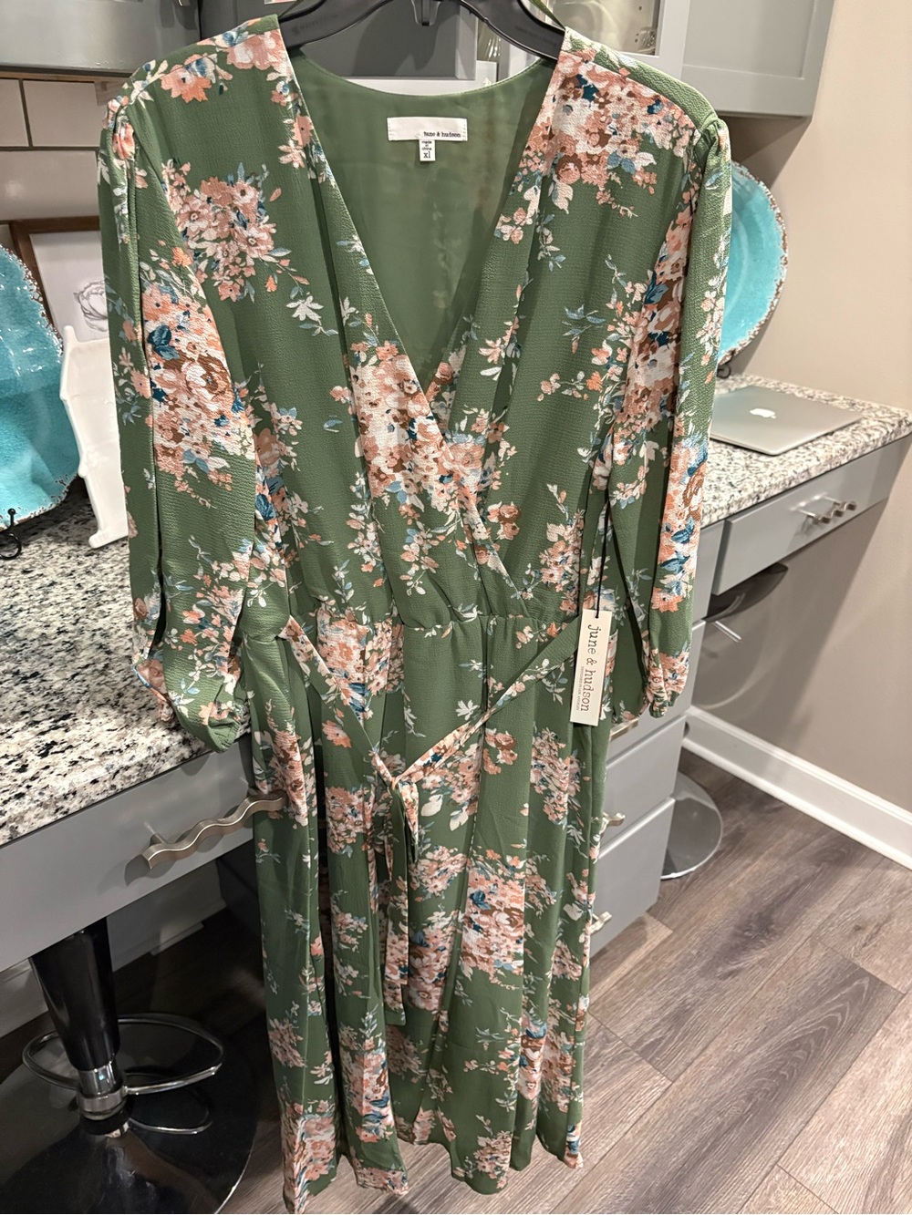june & hudson Olive Green Floral Wrap Dress - Picture 2 of 8